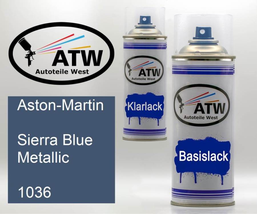 Aston-Martin, Sierra Blue Metallic, 1036: 400ml Sprühdose + 400ml Klarlack - Set, von ATW Autoteile West.